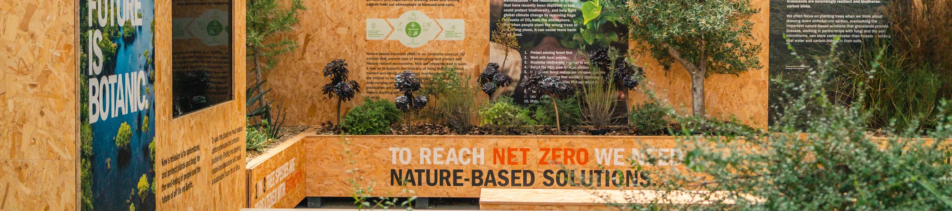 Informative wooden panels surrounded by plants