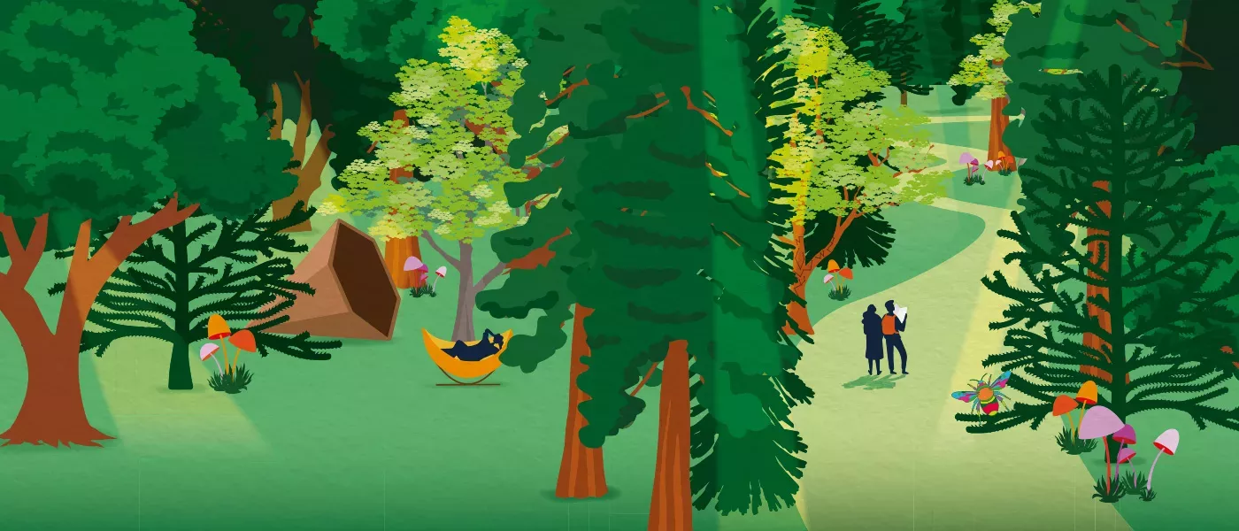 Illustation showing trees and people enjoying the outdoors