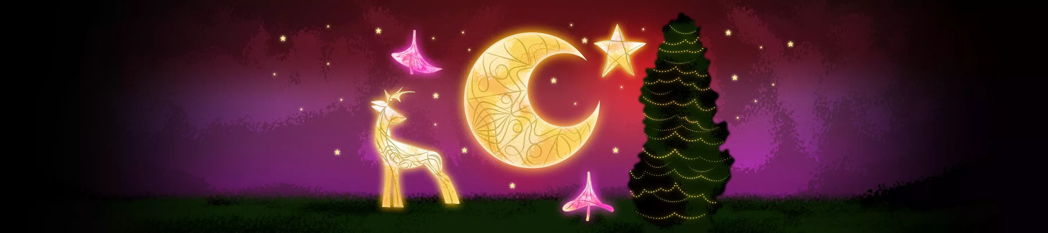 Deer, stars and moon lanterns with Christmas tree on purply night sky