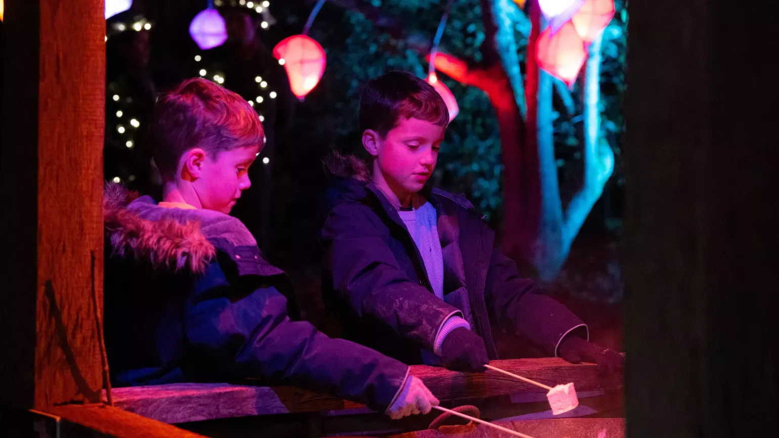 Two boys roasting marshmallows over a fire pit