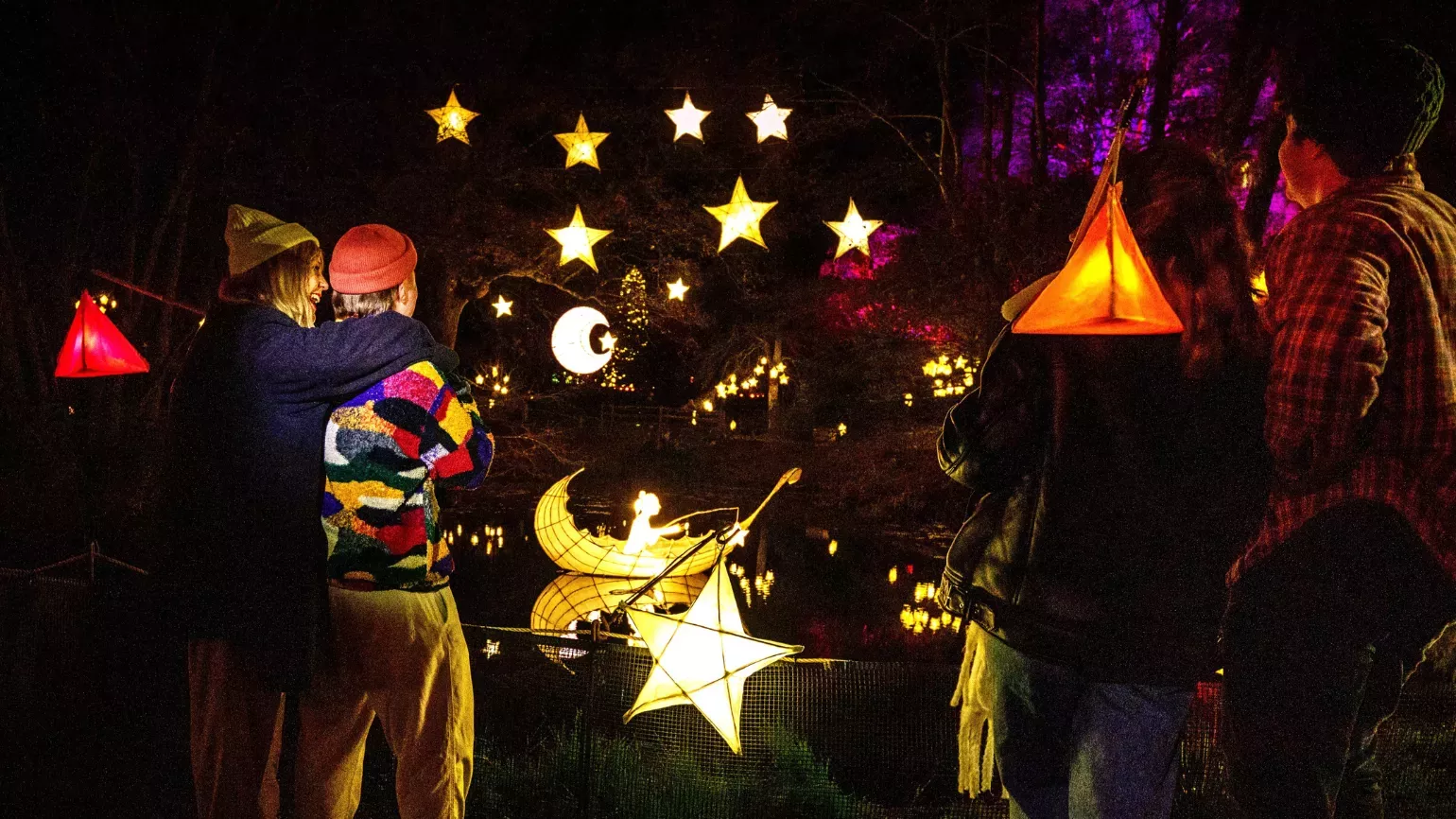 Couples in front of pond lanterns or moon, star and boy fishing