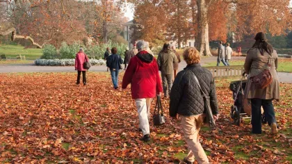 A group of people walk through an autumn landscape at kew