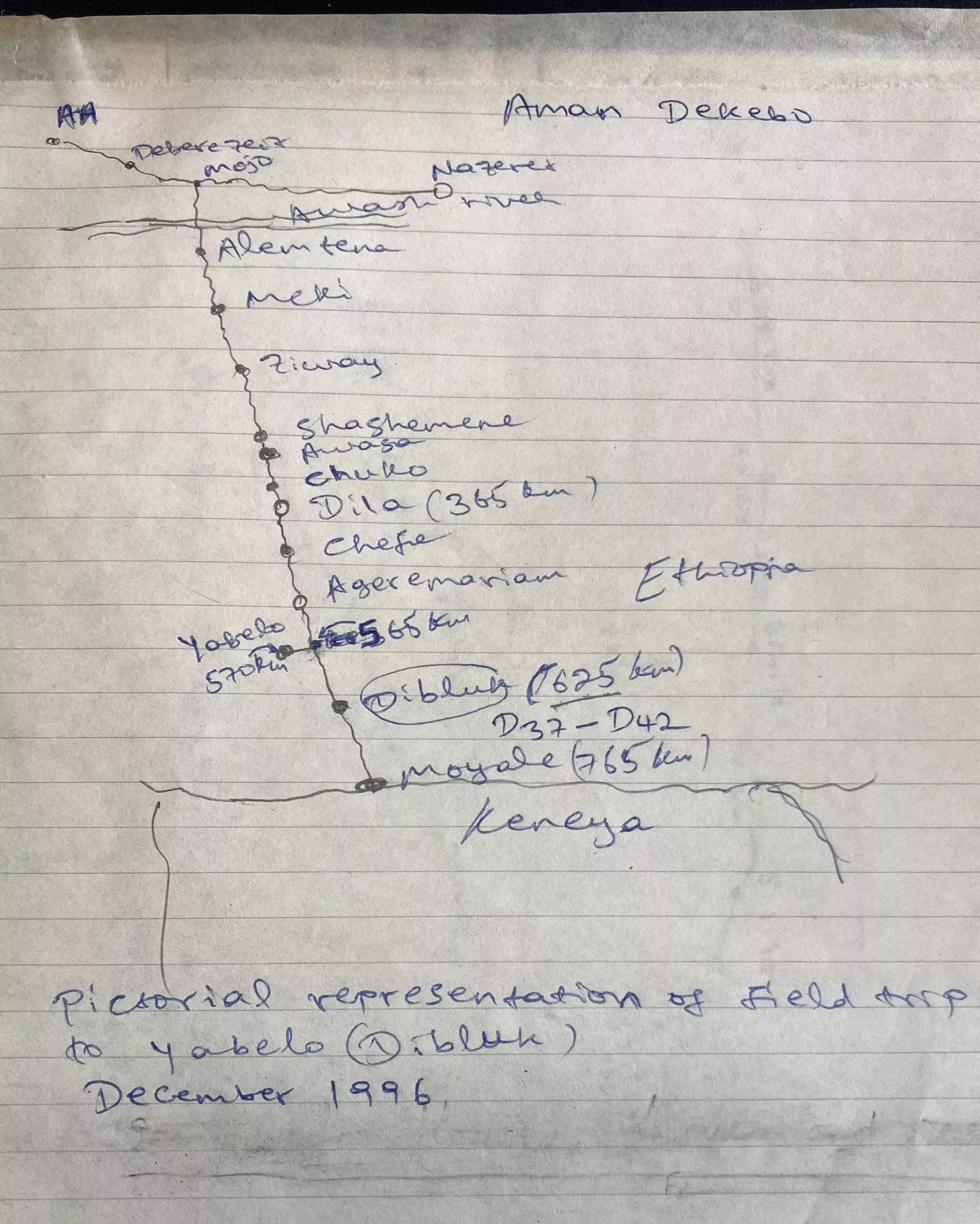 A hand drawn map of fieldwork across Ethiopia