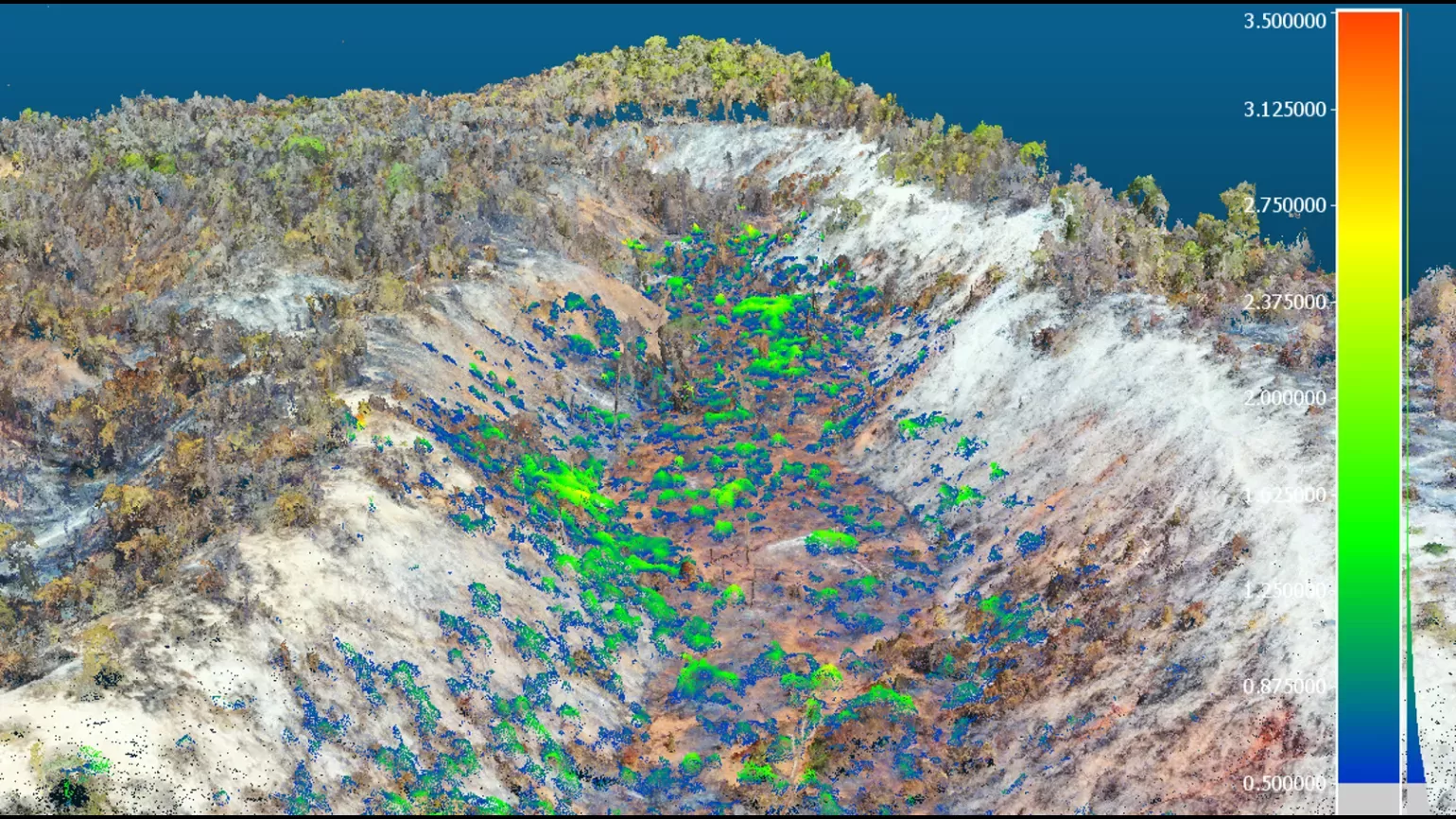 A computer render of a valley shows the difference between burning and recovery 6 months on