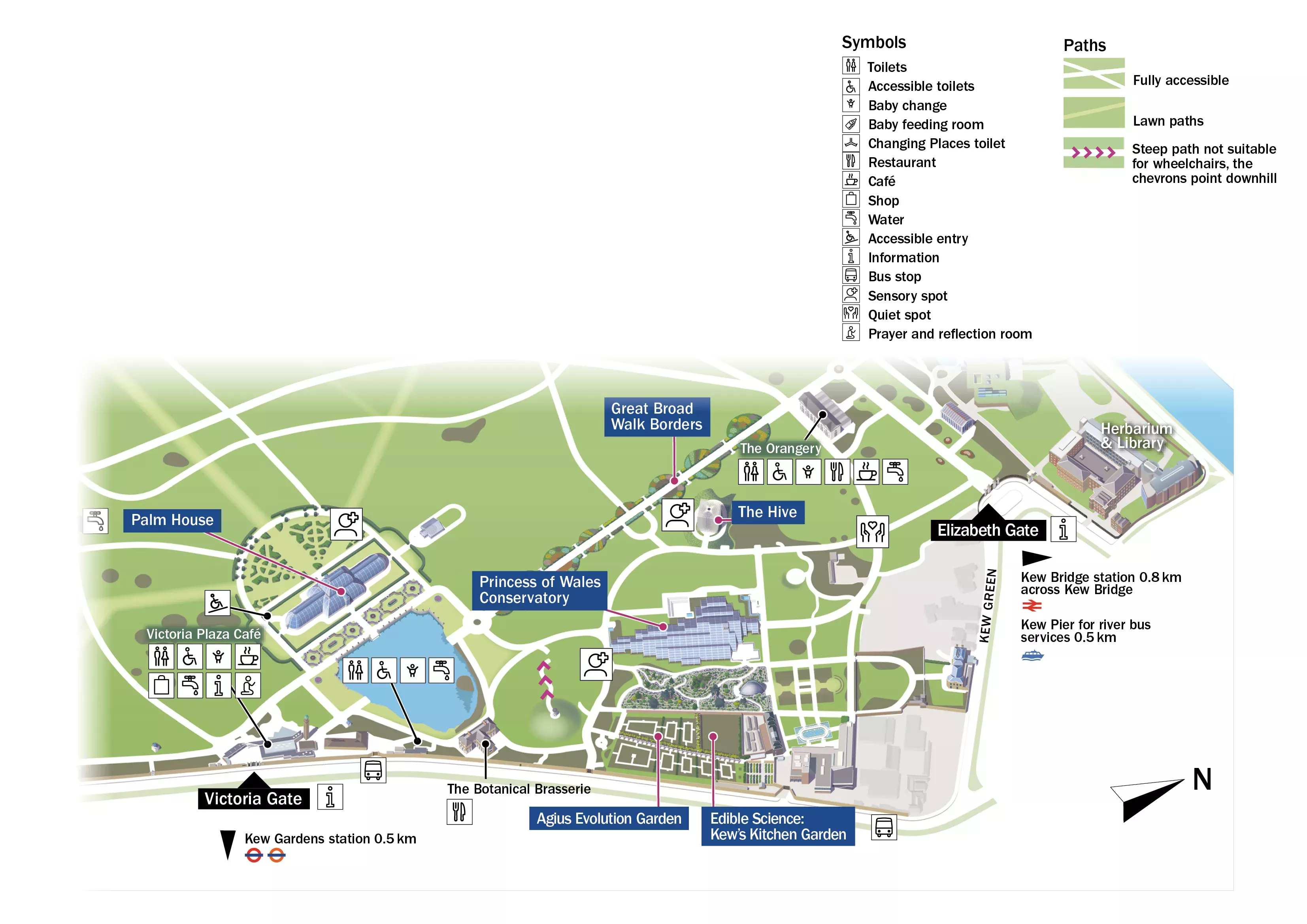 Graphic of Kew Gardens with signs to various amenities