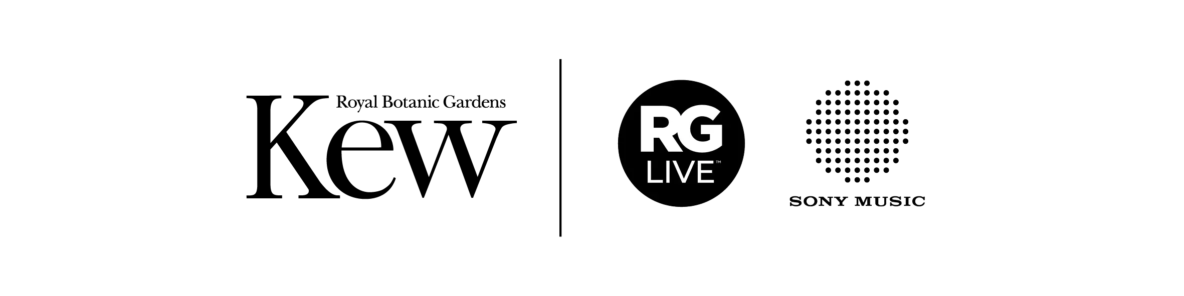 The logos for Royal Botanic Gardens Kew, RG Live and Sony Music