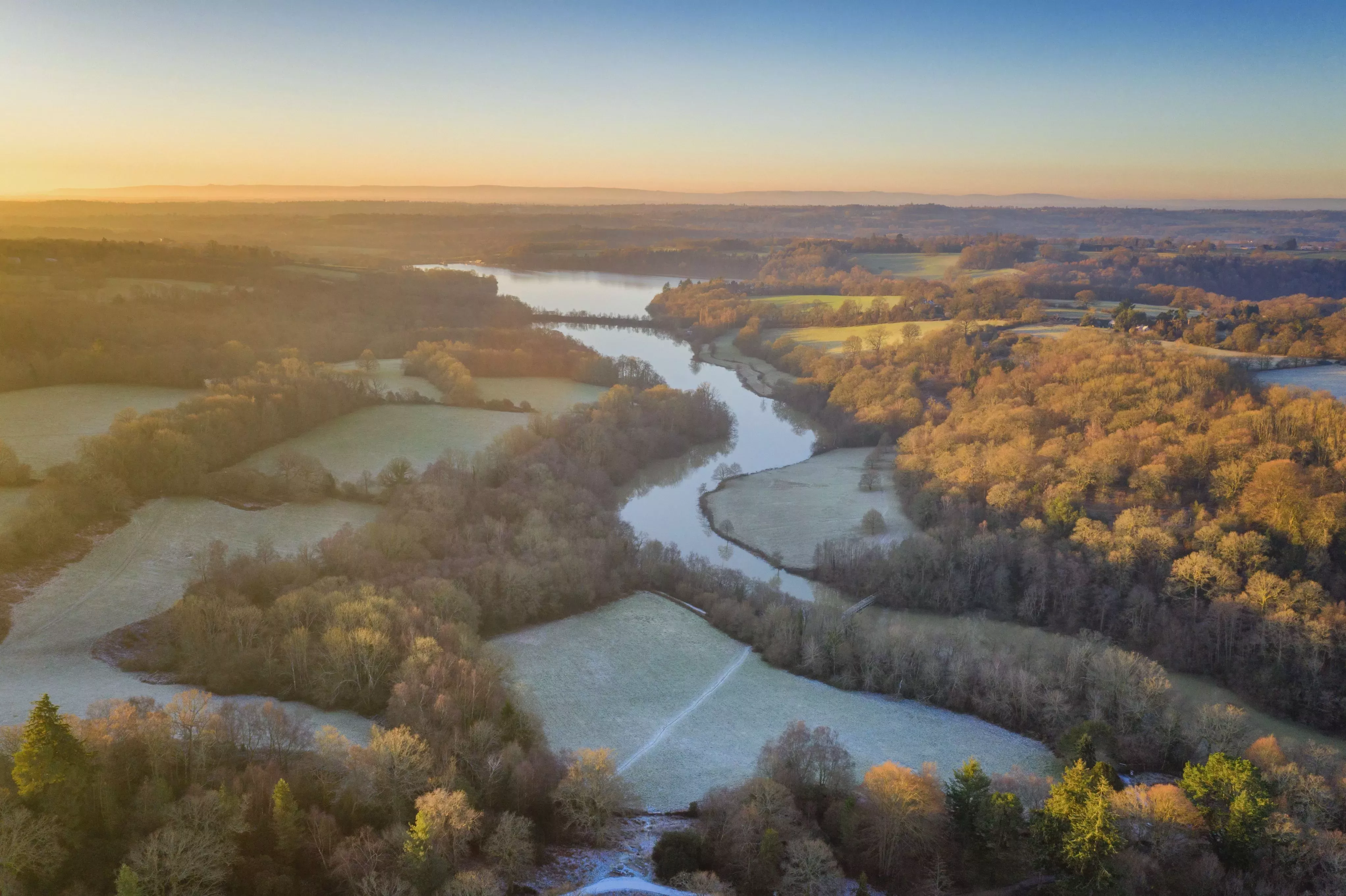 Drone view of Loder Valley in a frosty winter morning, Visual Air © RBG Kew