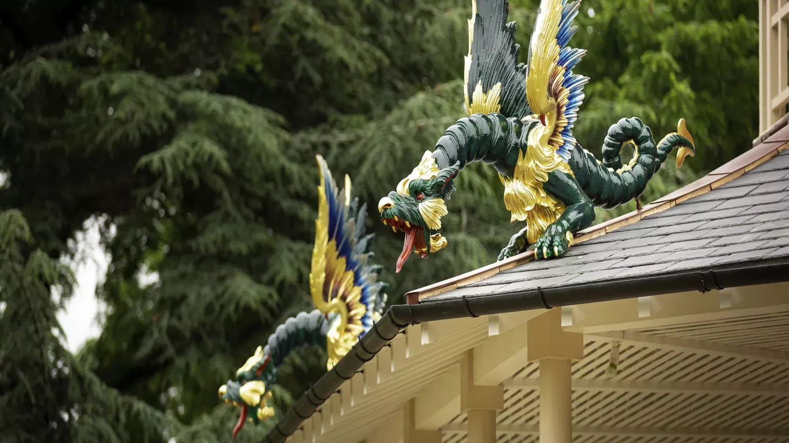 Carved dragons crouch on each floor of the Great Pagoda 