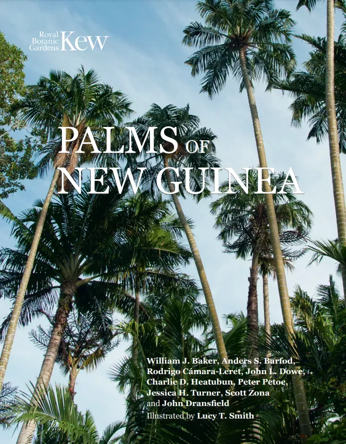 A view looking up at palms is overlaid with the text "Palms of New Guinea" and a list of authors