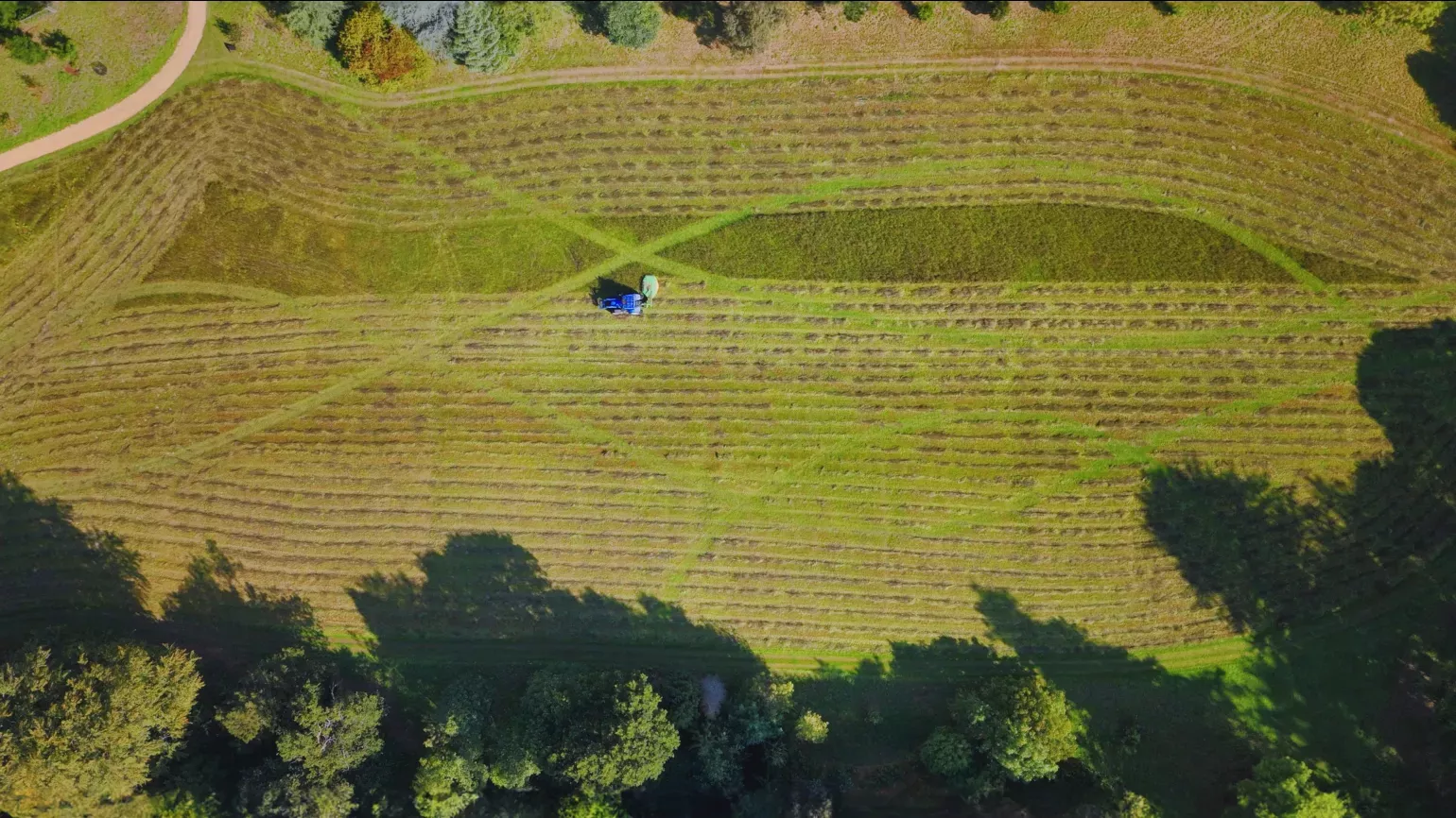 Aerial shot of mower making curving tracks through grassy meadow